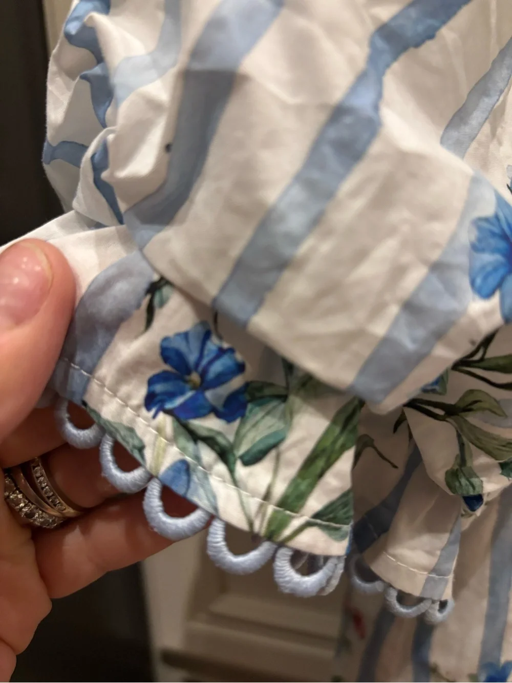 Entro Striped Floral Puff-Sleeve Blouse - Blue/White, size small